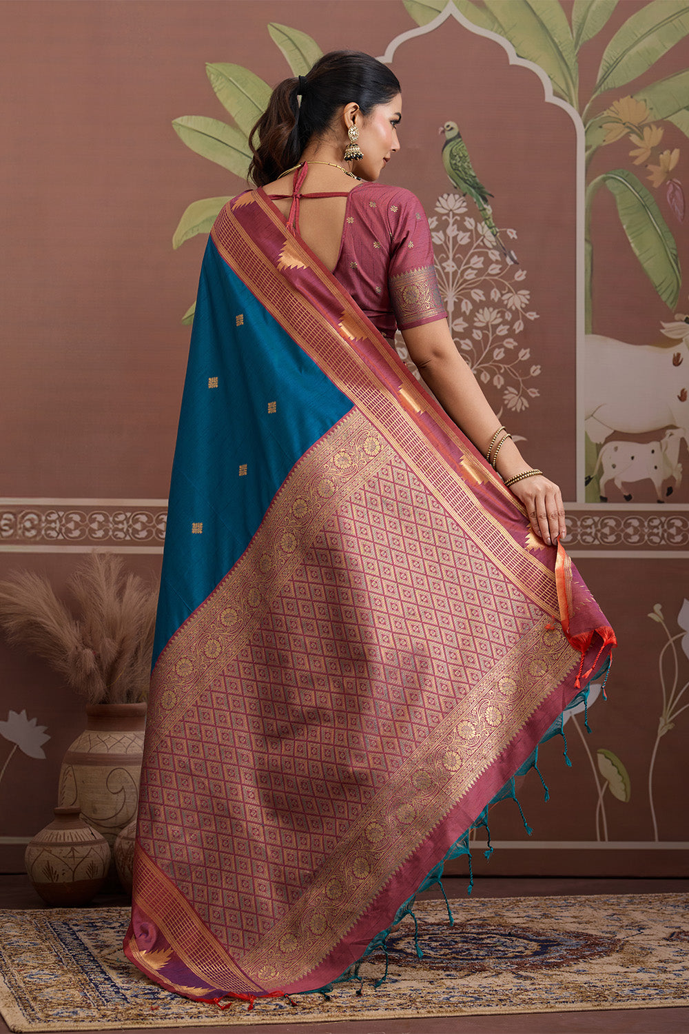 Blue Temple Design Saree with blouse