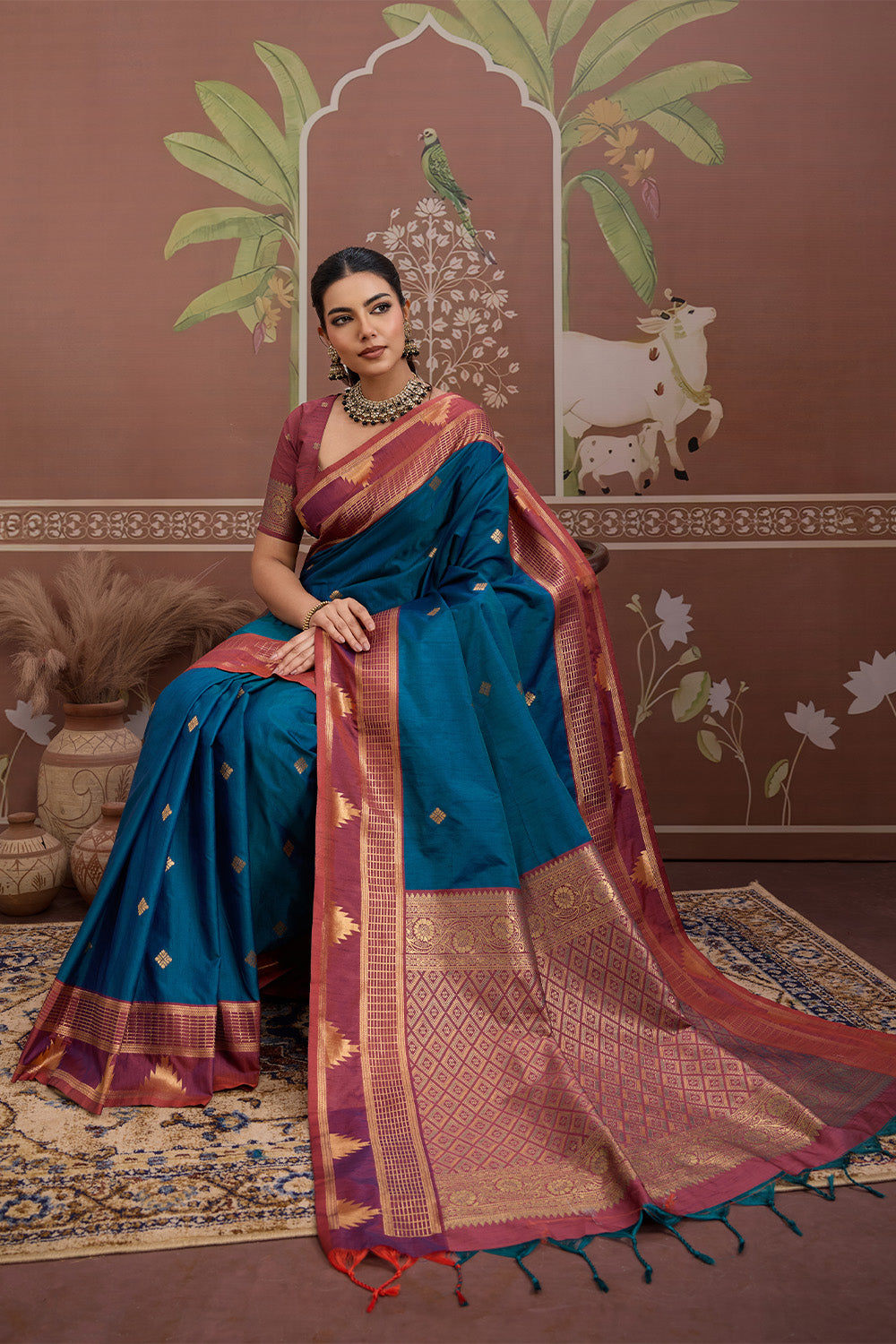 Blue Temple Design Saree with blouse