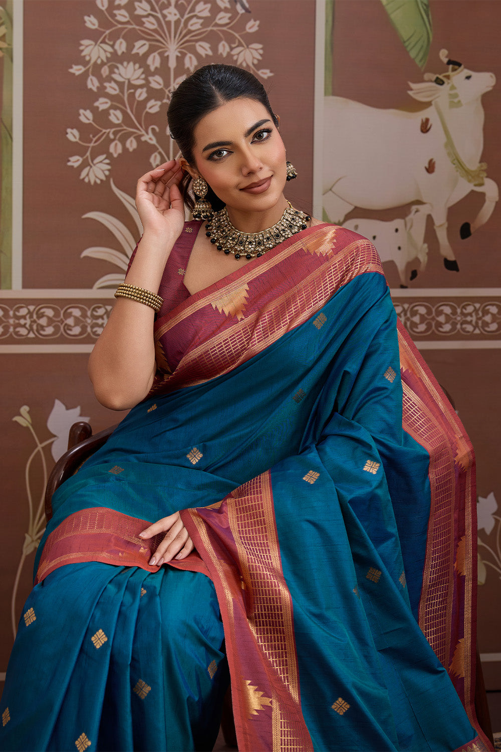 Blue Temple Design Saree with blouse