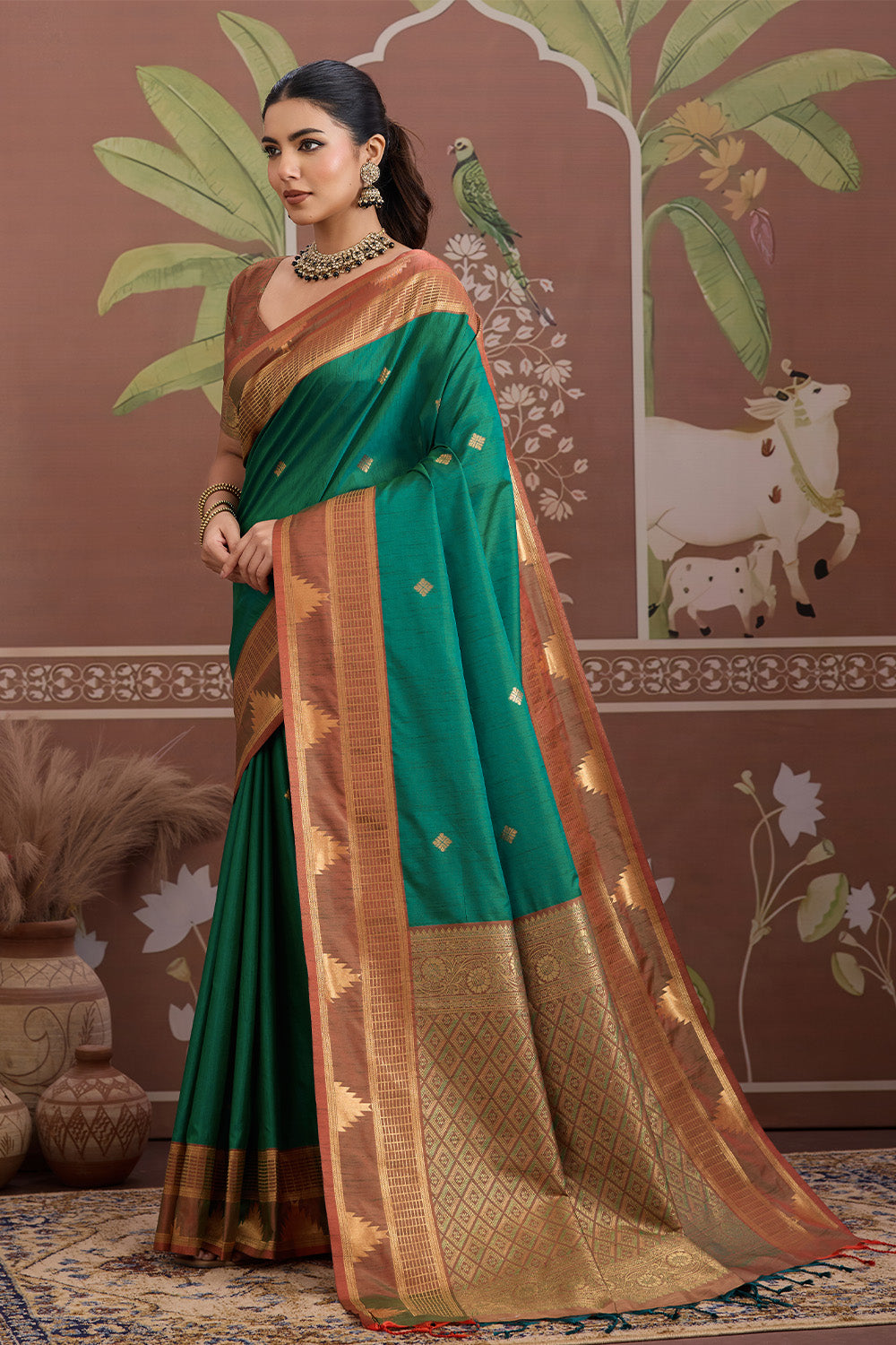 Green Temple Design Saree with blouse