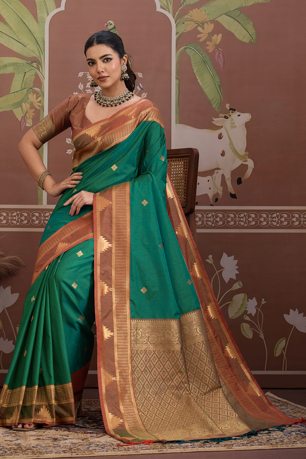 Green Temple Design Saree with blouse
