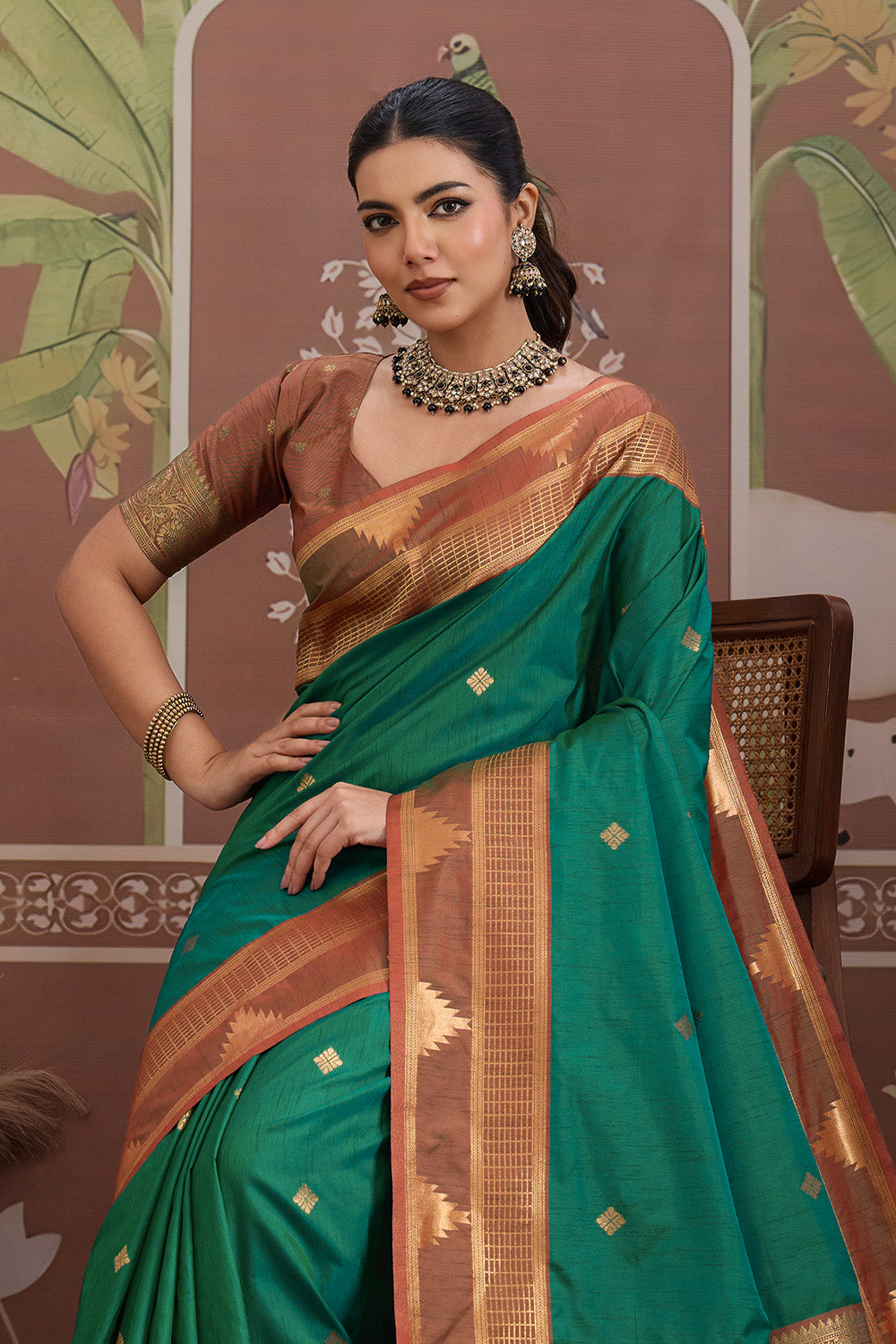 Green Temple Design Saree with blouse