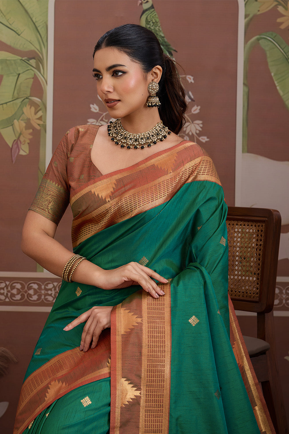 Green Temple Design Saree with blouse