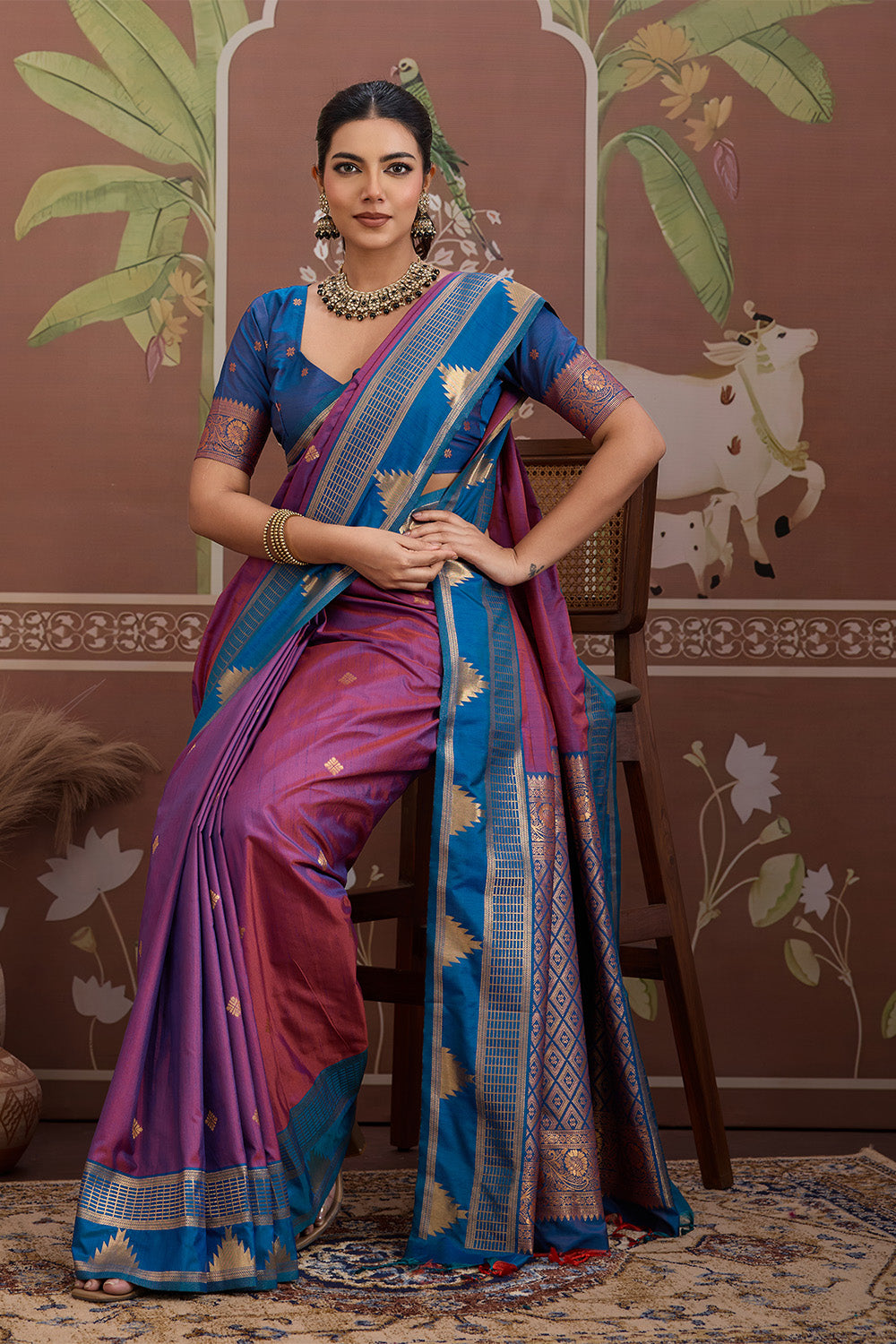 Pink Temple Design Saree with Blouse