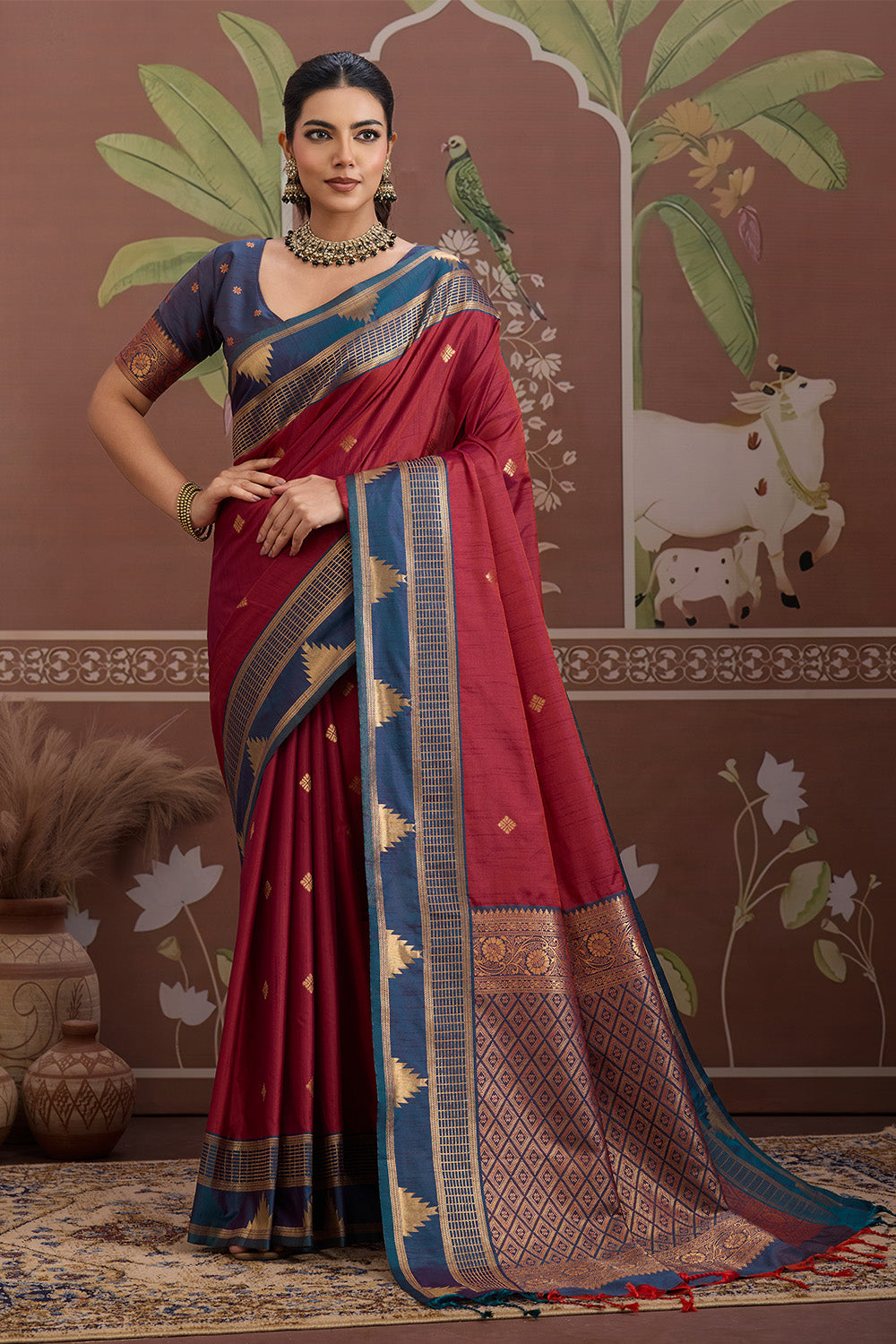 Red Temple Design Saree with blouse