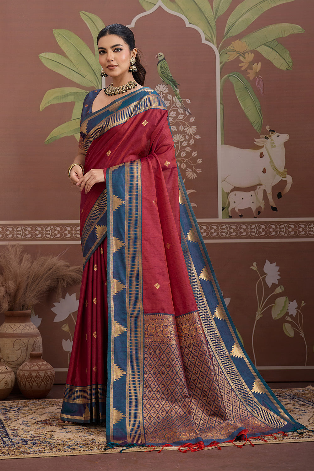 Red Temple Design Saree with blouse