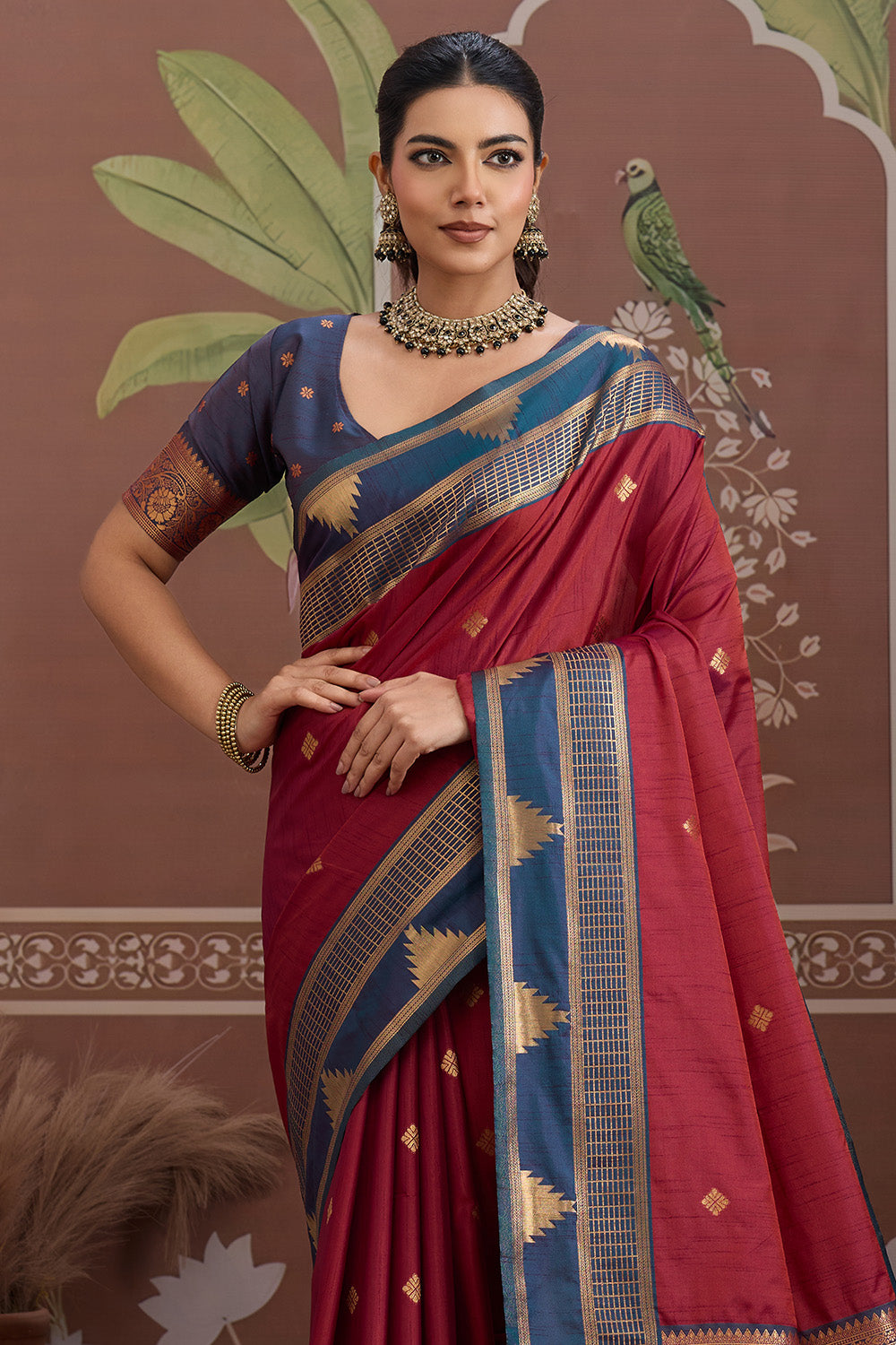 Red Temple Design Saree with blouse
