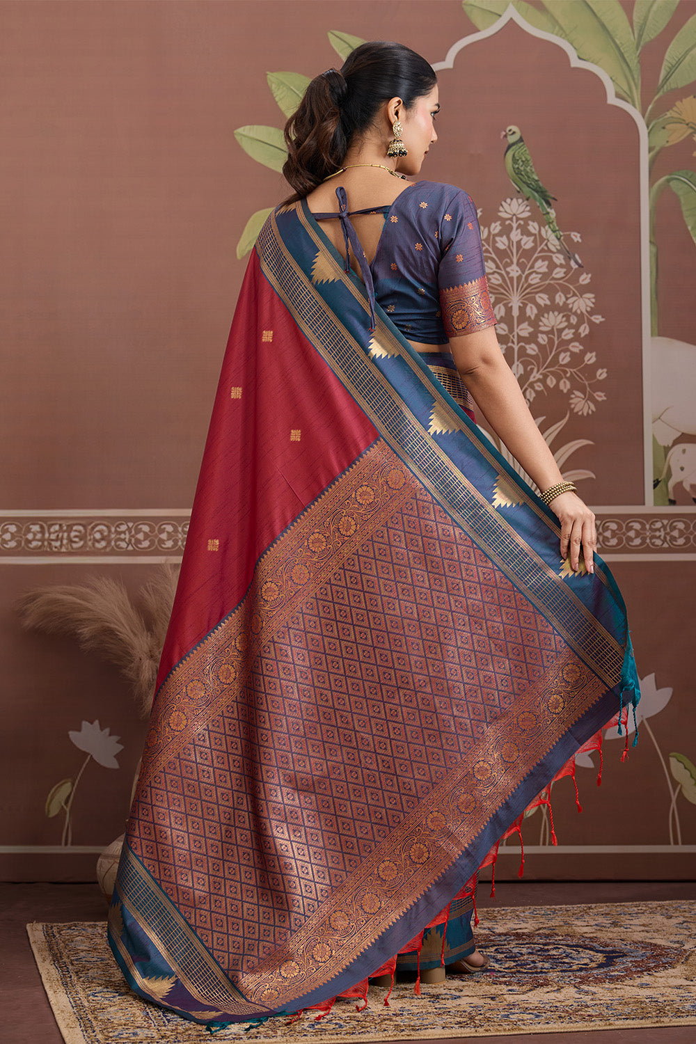Red Temple Design Saree with blouse