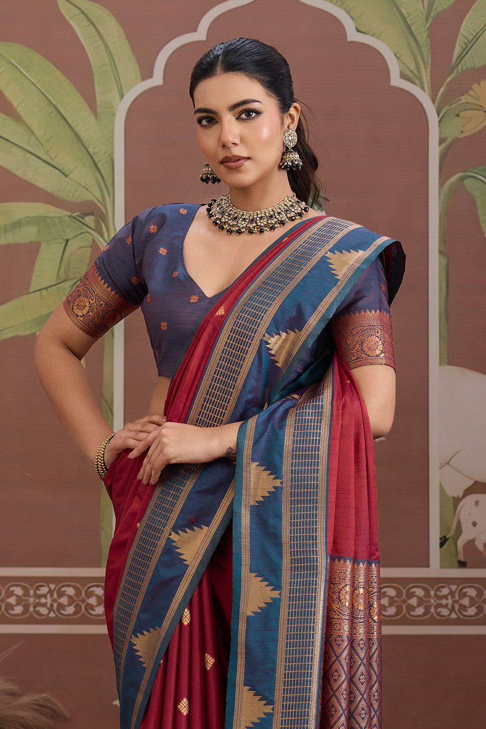 Red Temple Design Saree with blouse
