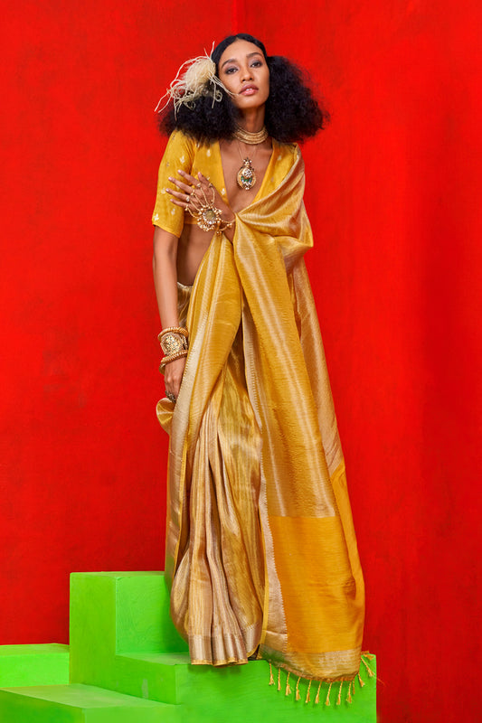 Dusty Gold Viscose Zari Tissue Saree With Blouse