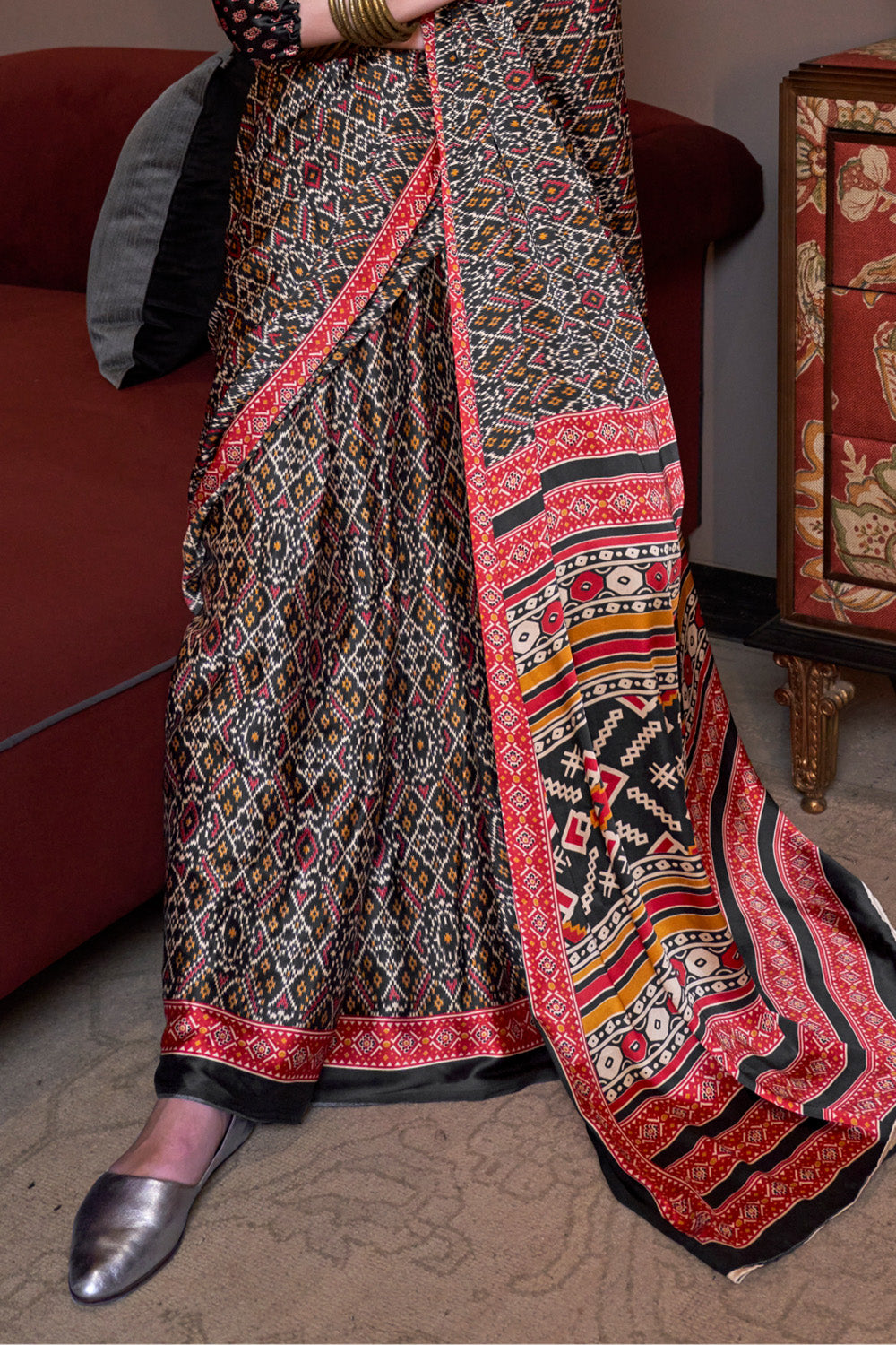 Multicolor Patola Printed Satin Sarees Black Blouse