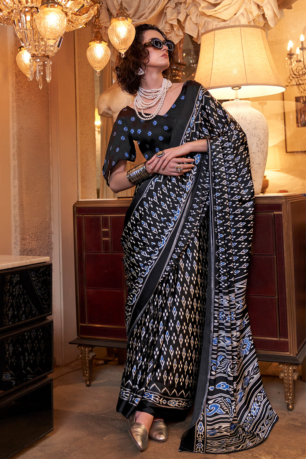 Multicolor Ikkat Printed Satin Sarees Black Blouse