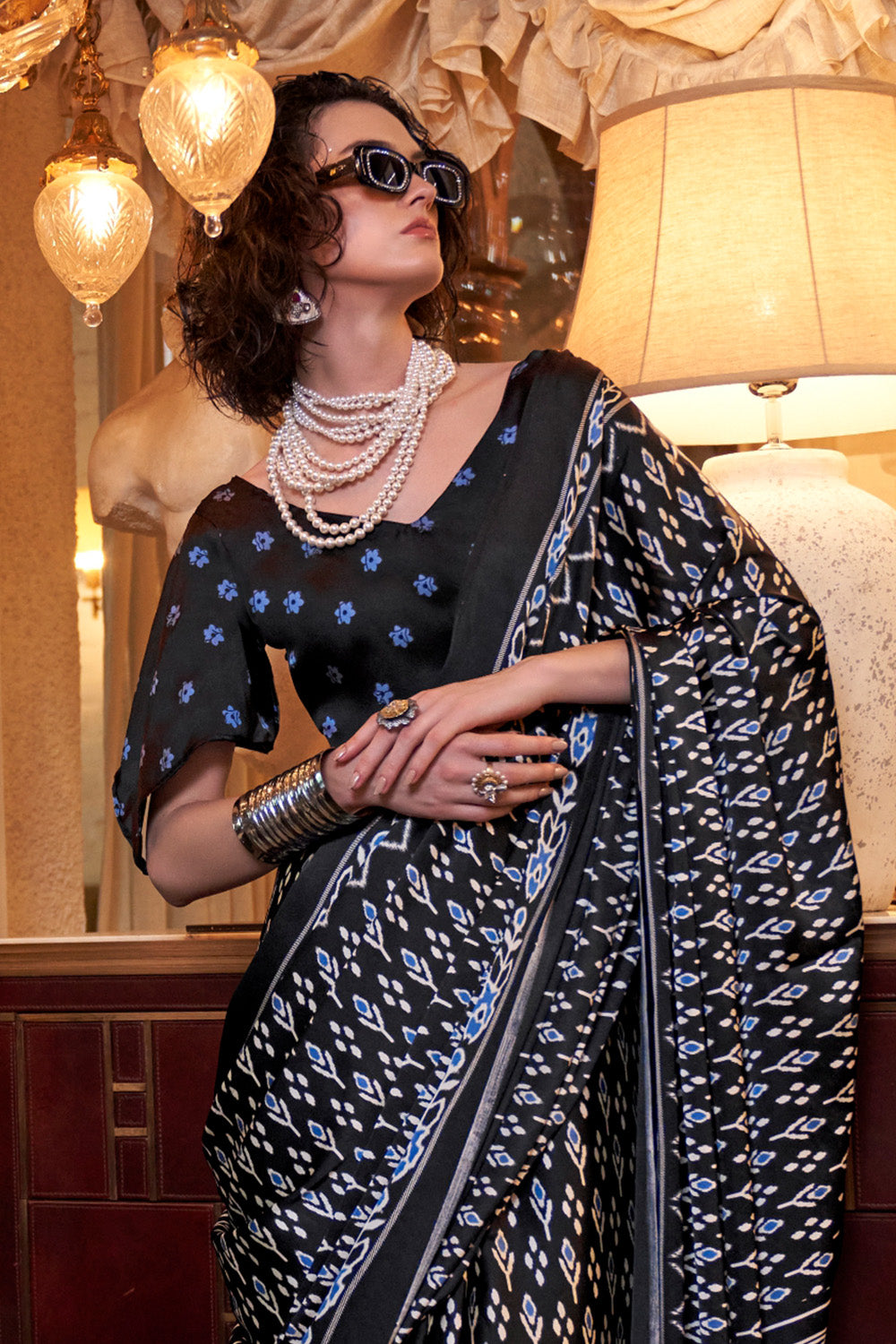 Multicolor Ikkat Printed Satin Sarees Black Blouse