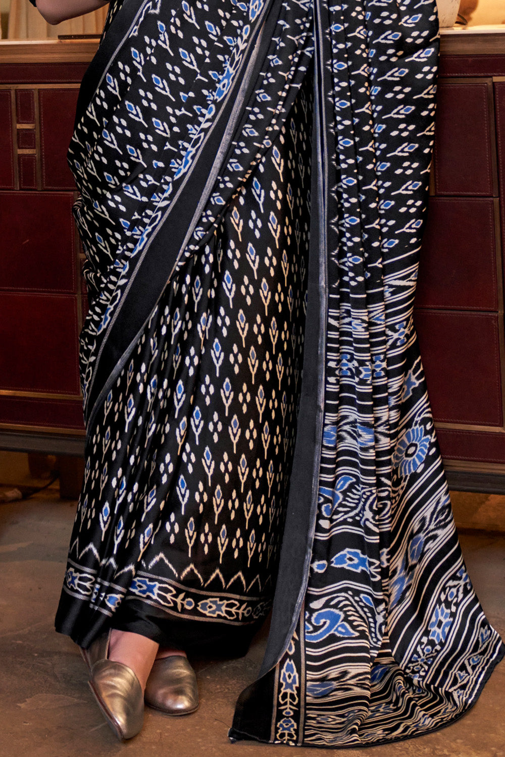 Multicolor Ikkat Printed Satin Sarees Black Blouse