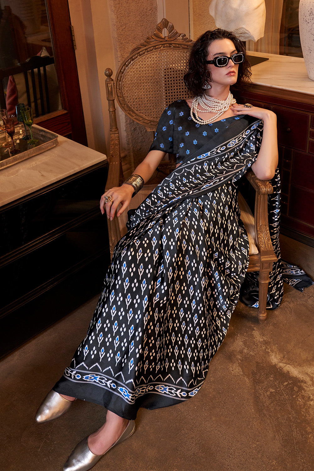 Multicolor Ikkat Printed Satin Sarees Black Blouse