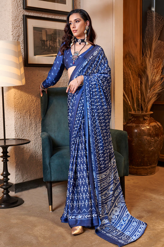 Multicolor Ikkat Printed Satin Sarees Blue Blouse
