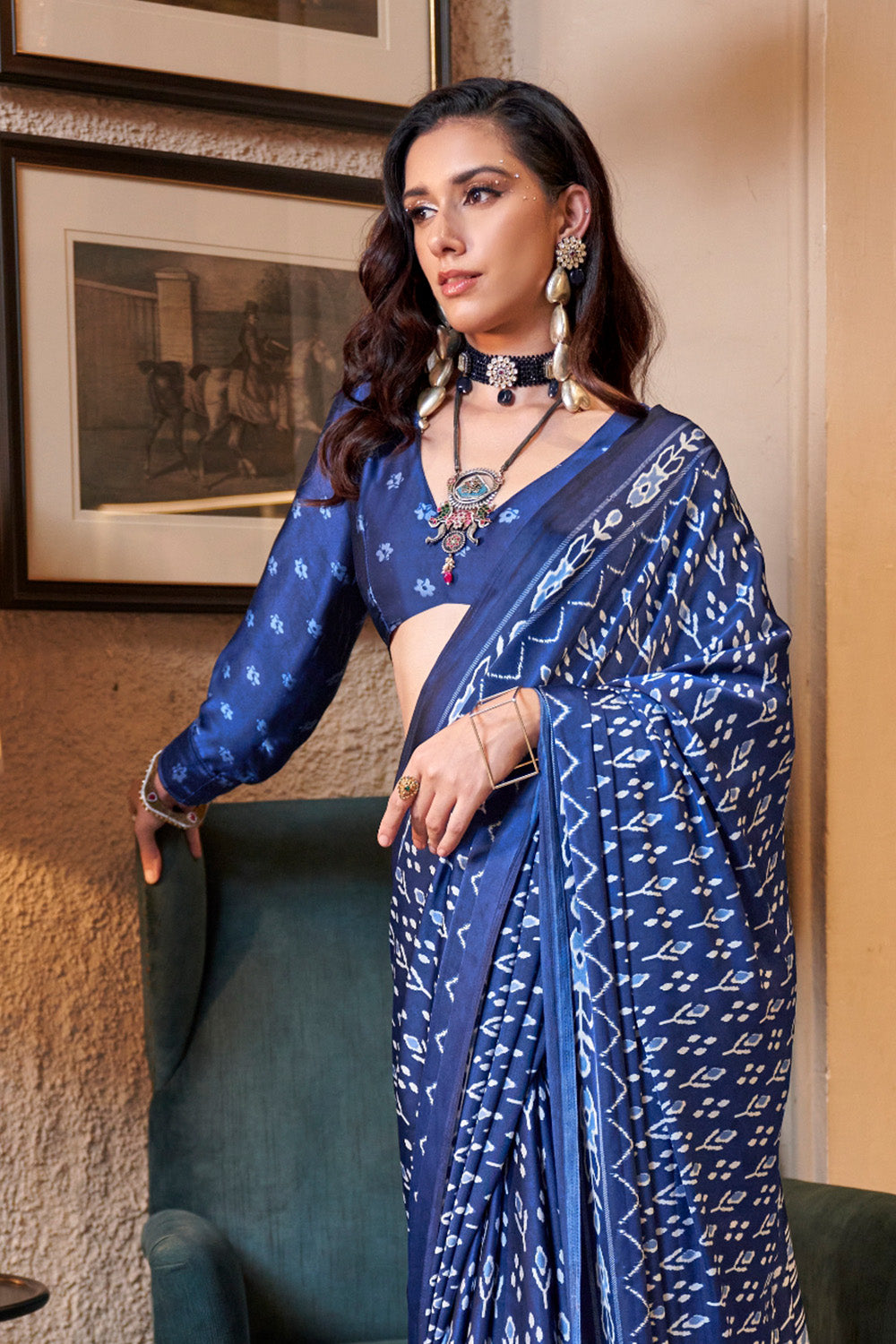 Multicolor Ikkat Printed Satin Sarees Blue Blouse