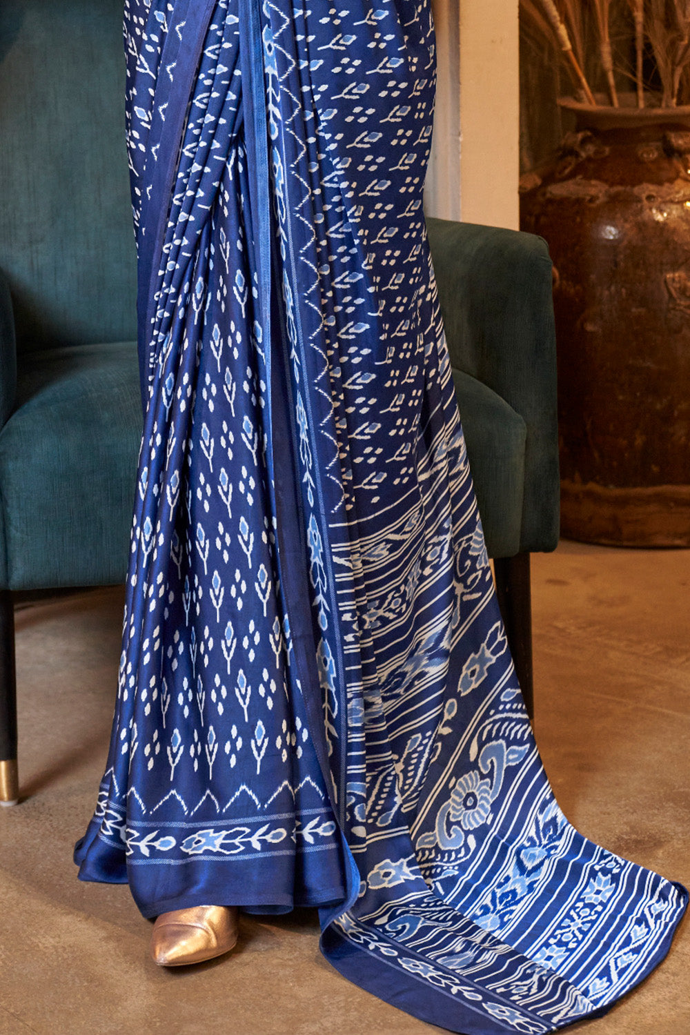 Multicolor Ikkat Printed Satin Sarees Blue Blouse