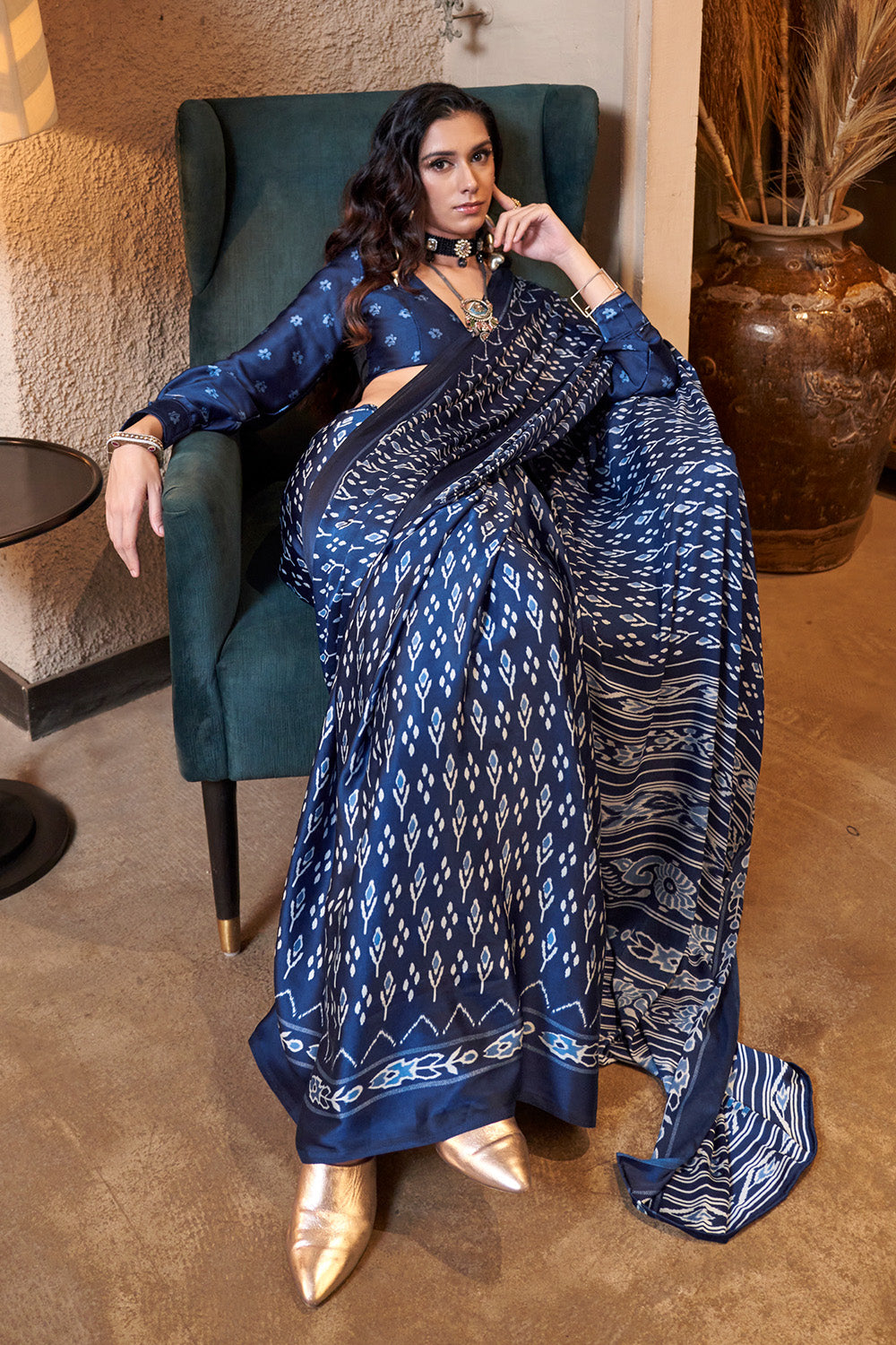Multicolor Ikkat Printed Satin Sarees Blue Blouse