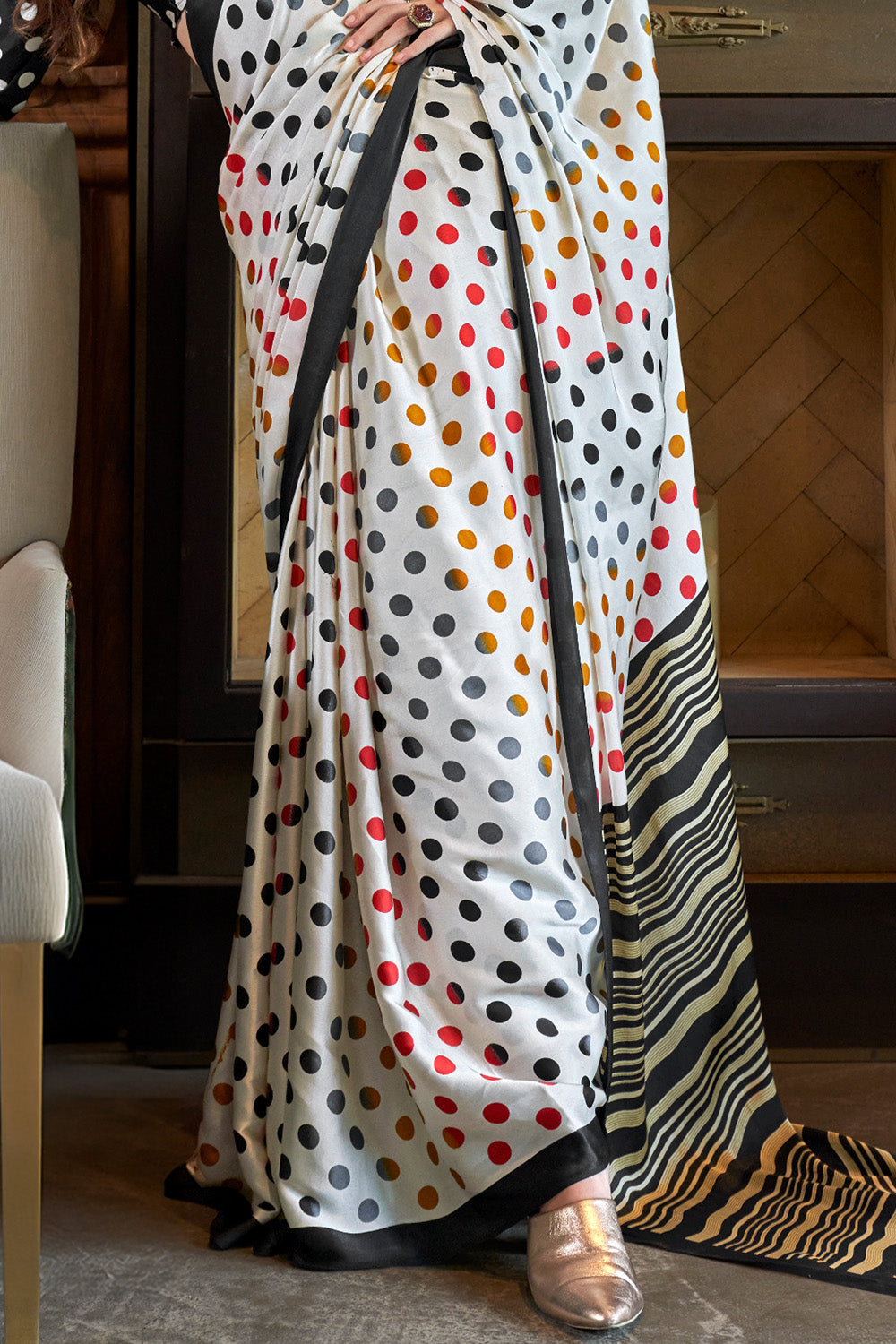 Polka Dots Printed Satin Crepe Sarees Black Blouse
