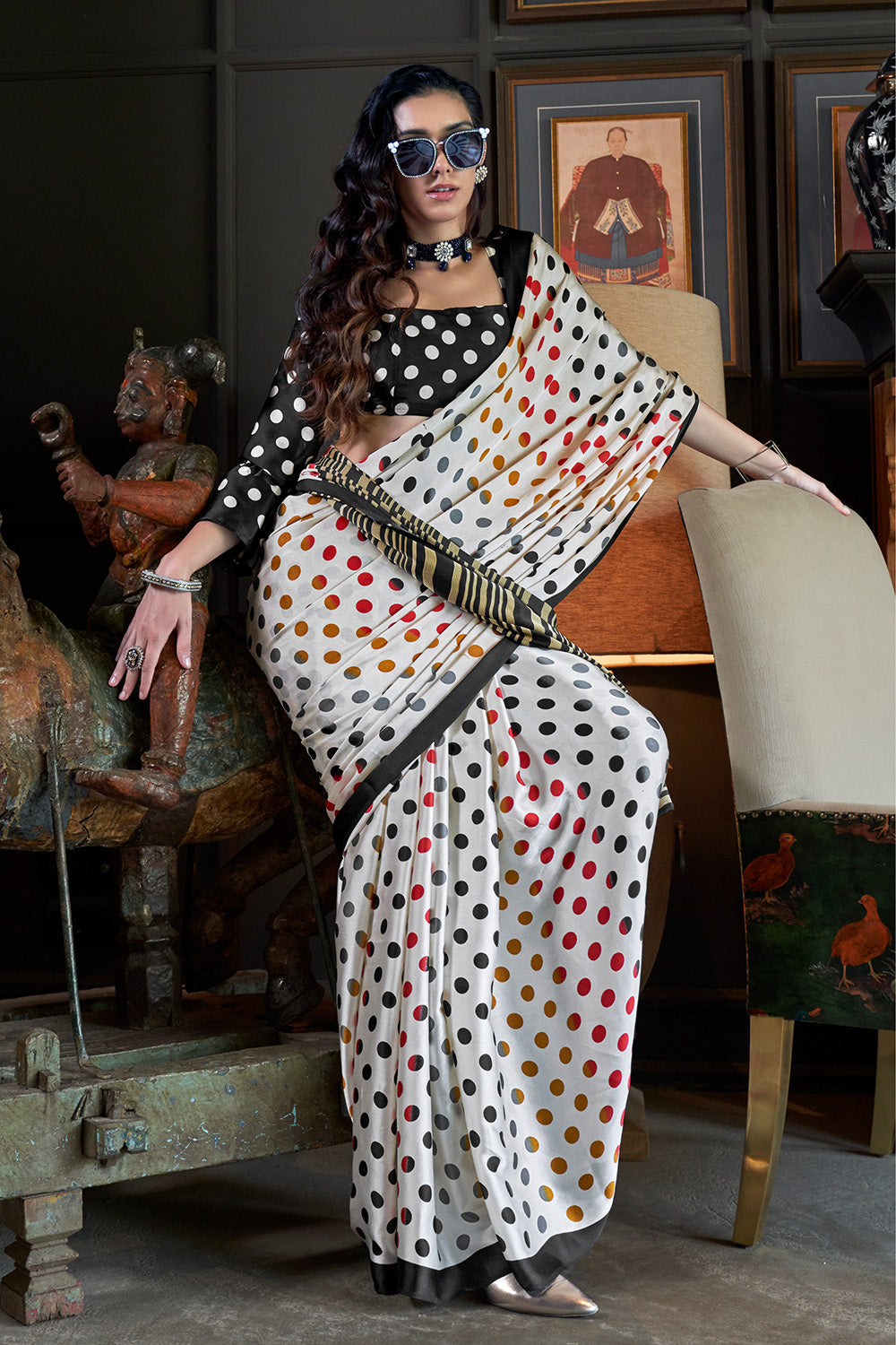Polka Dots Printed Satin Crepe Sarees Black Blouse