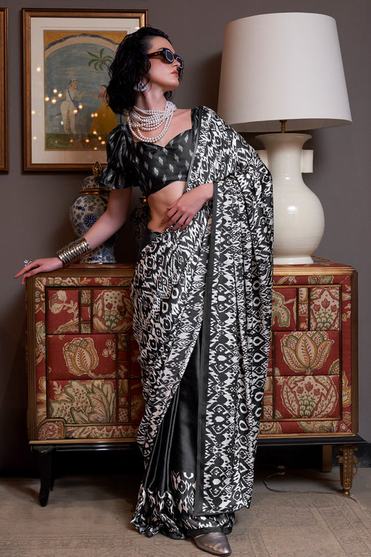 Multicolor Ikkat Printed Satin Sarees Black Blouse