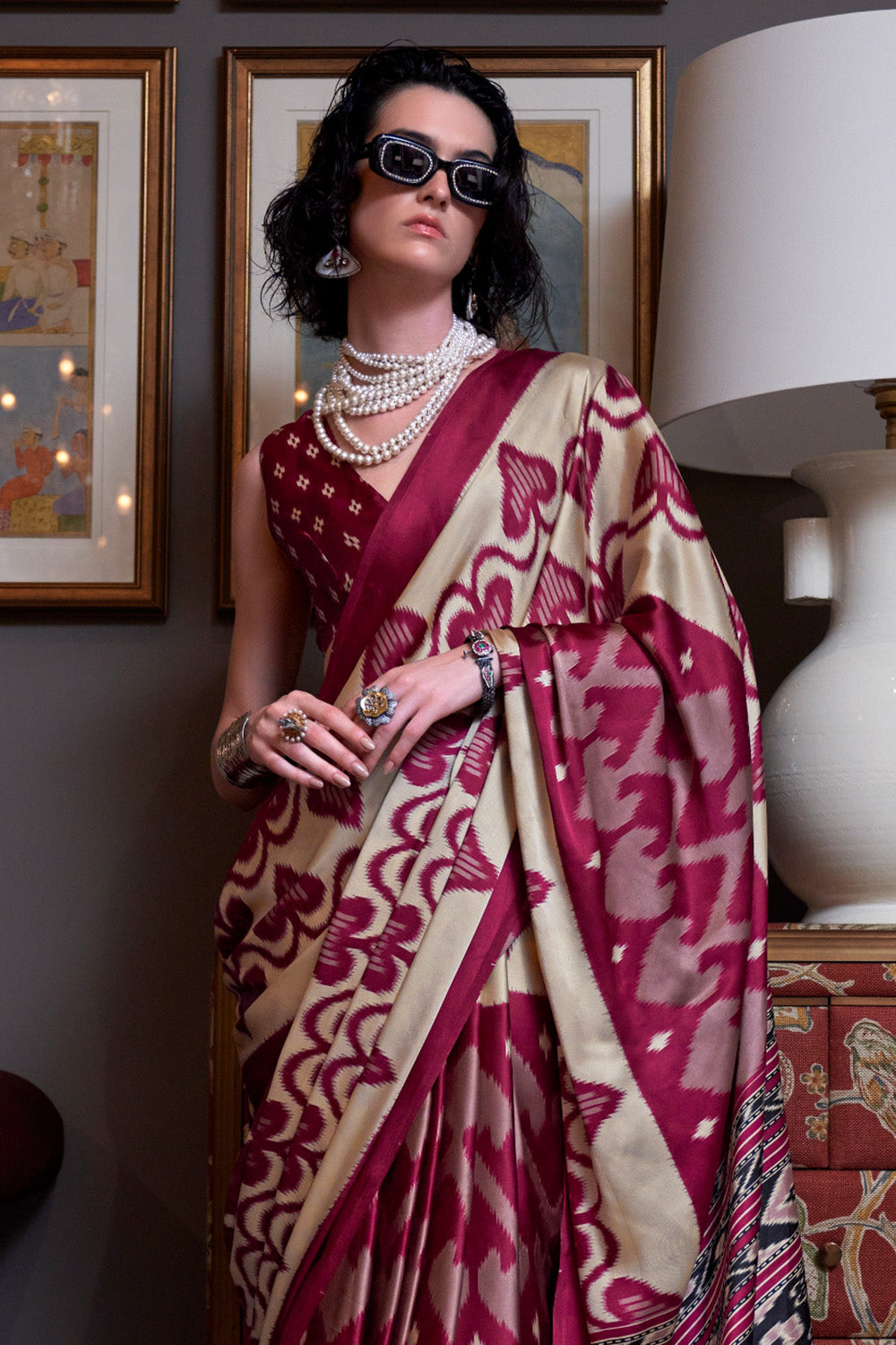 Multicolor Pocampalli Printed Satin Sarees Red Blouse