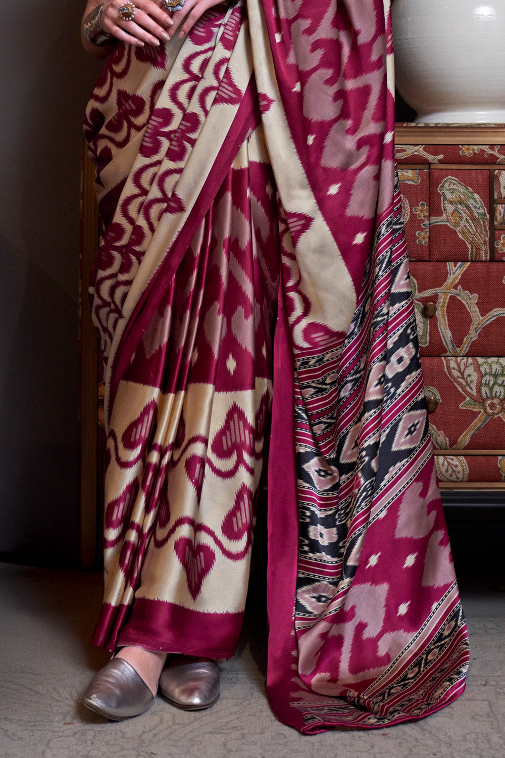 Multicolor Pocampalli Printed Satin Sarees Red Blouse