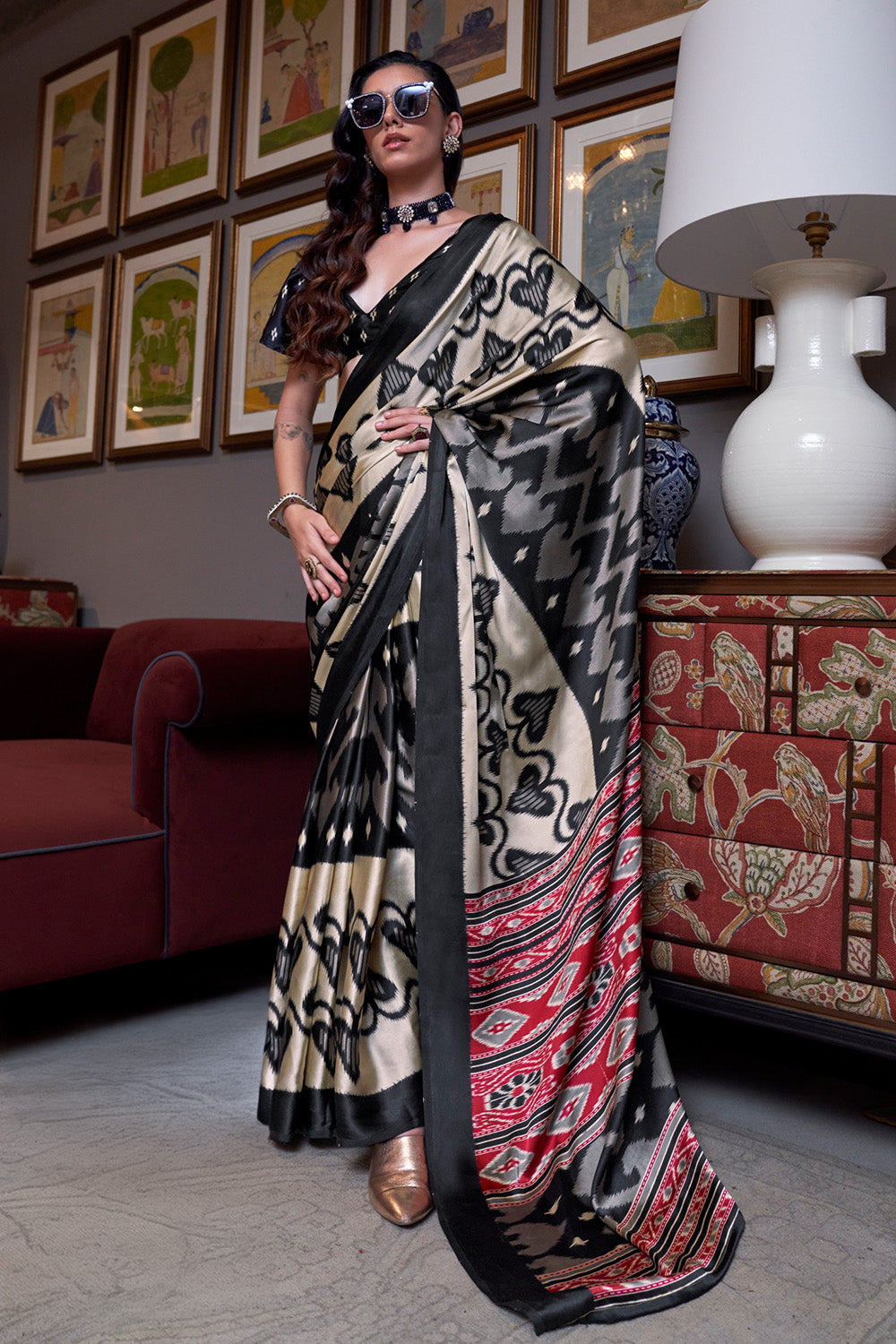 Multicolor Pocampalli Printed Satin Sarees Beige Blouse
