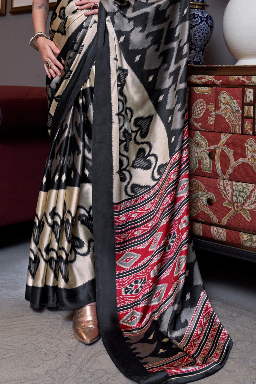 Multicolor Pocampalli Printed Satin Sarees Beige Blouse