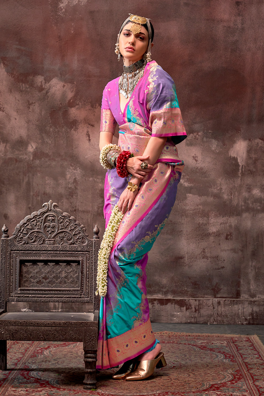 Multicolor Rangkaat Woven Saree With Pink Blouse