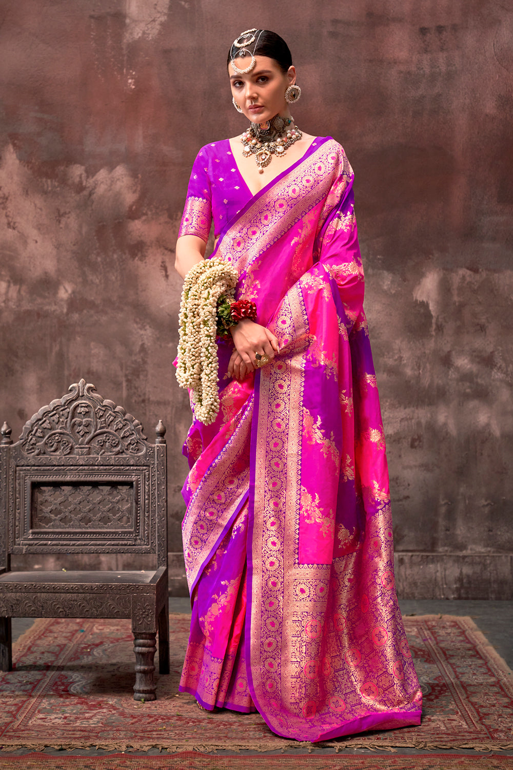 Multicolor Rangkaat Woven Saree With Magenta Blouse