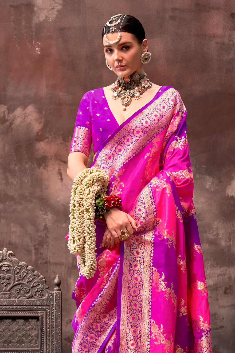 Multicolor Rangkaat Woven Saree With Magenta Blouse