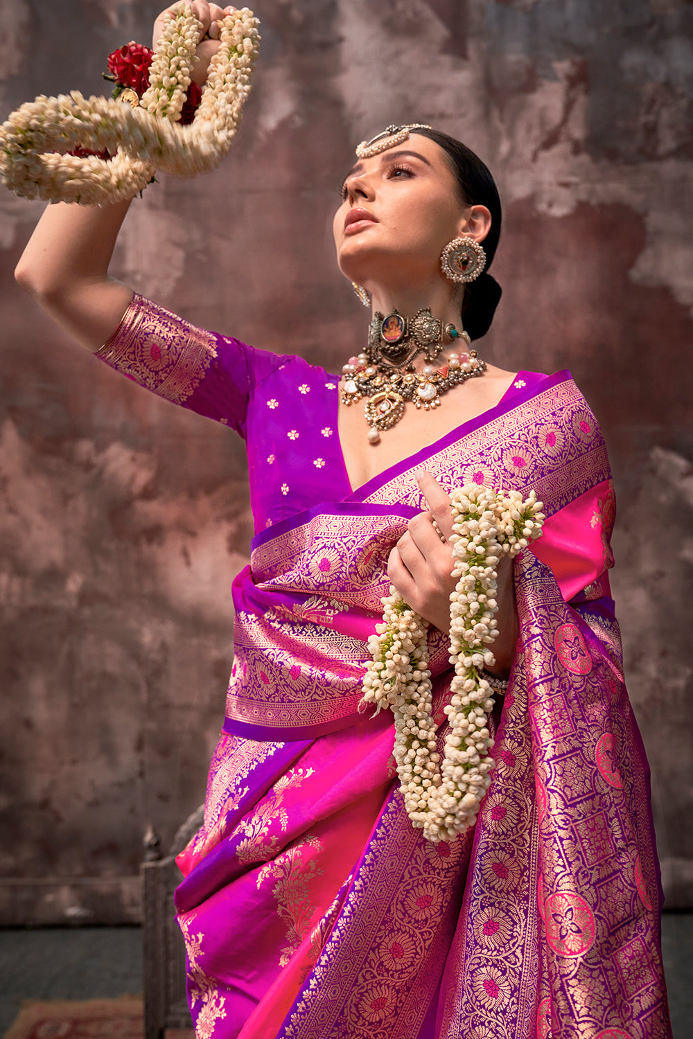 Multicolor Rangkaat Woven Saree With Magenta Blouse