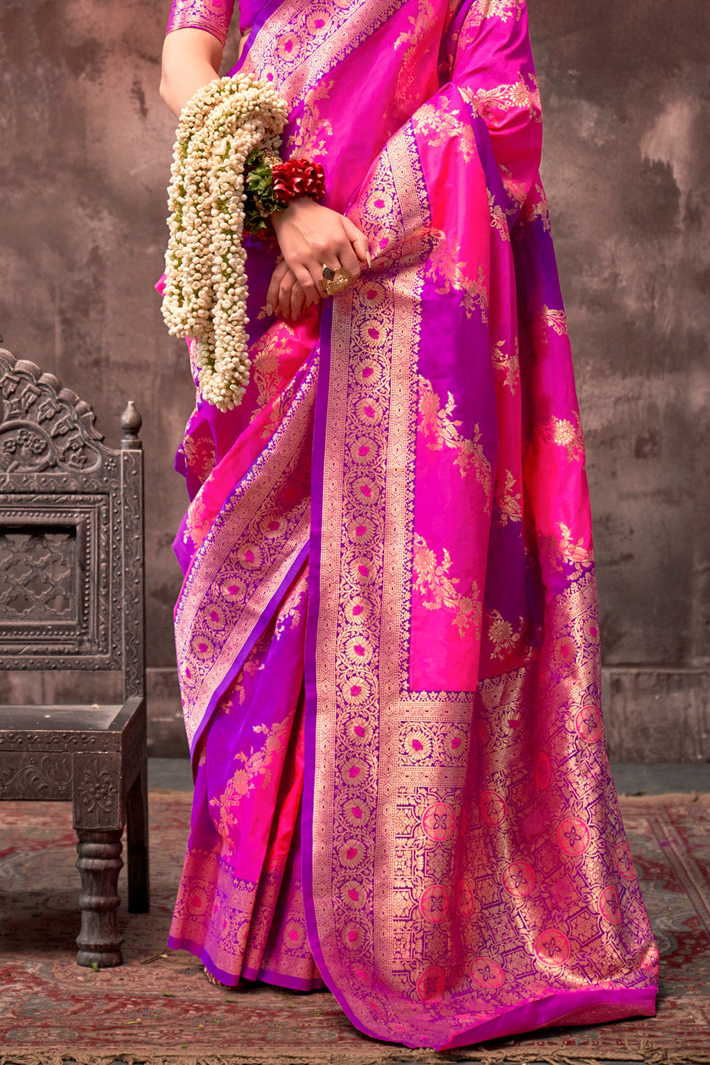 Multicolor Rangkaat Woven Saree With Magenta Blouse