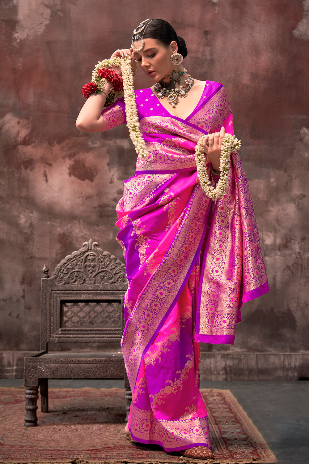 Multicolor Rangkaat Woven Saree With Magenta Blouse