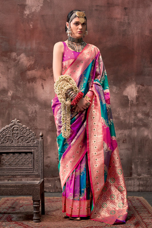 Multicolor Rangkaat Woven Saree With Pink Blouse