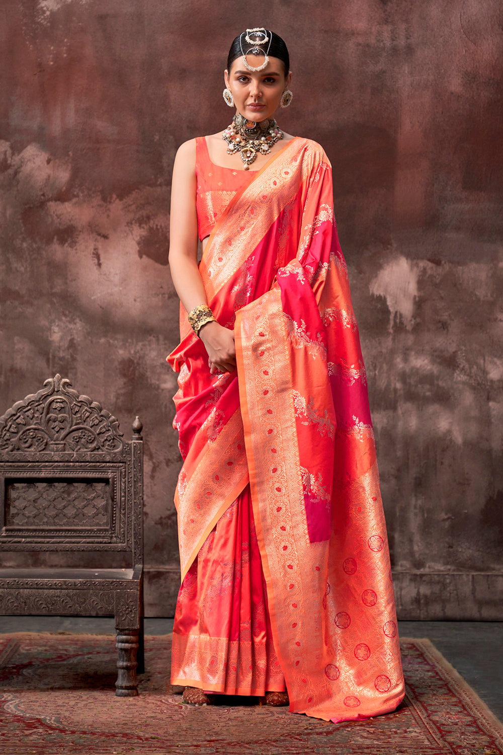 Multicolor Rangkaat Woven Saree With Orange Blouse