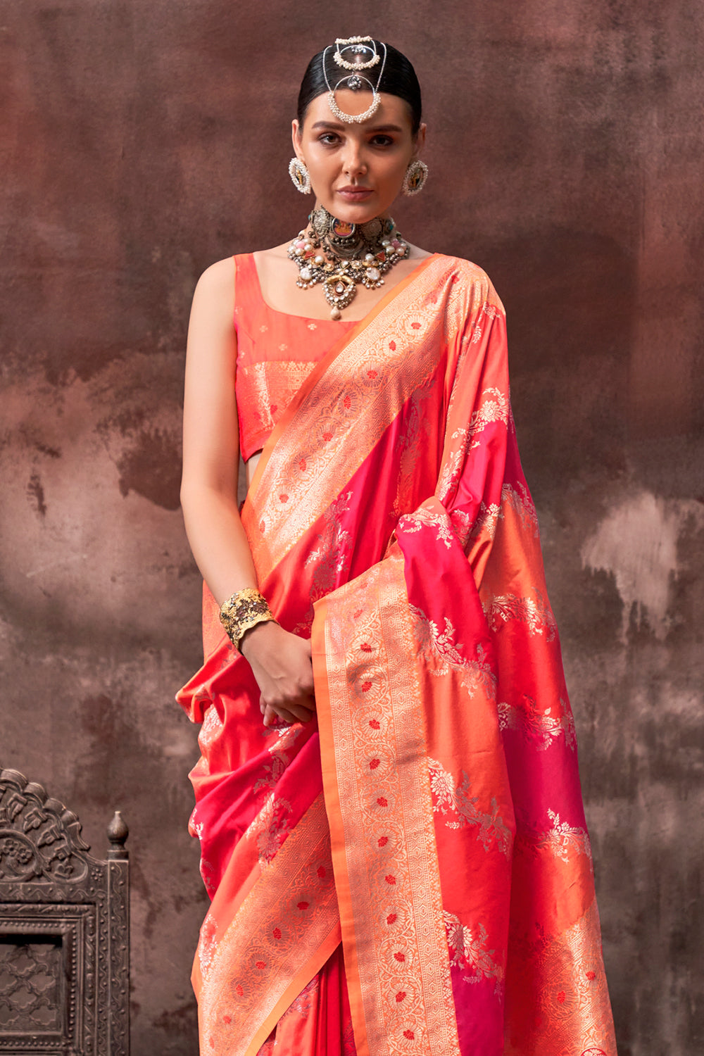 Multicolor Rangkaat Woven Saree With Orange Blouse
