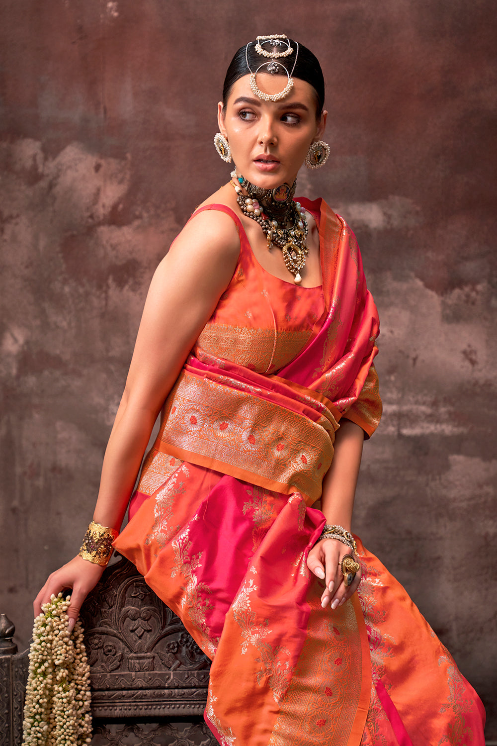 Multicolor Rangkaat Woven Saree With Orange Blouse