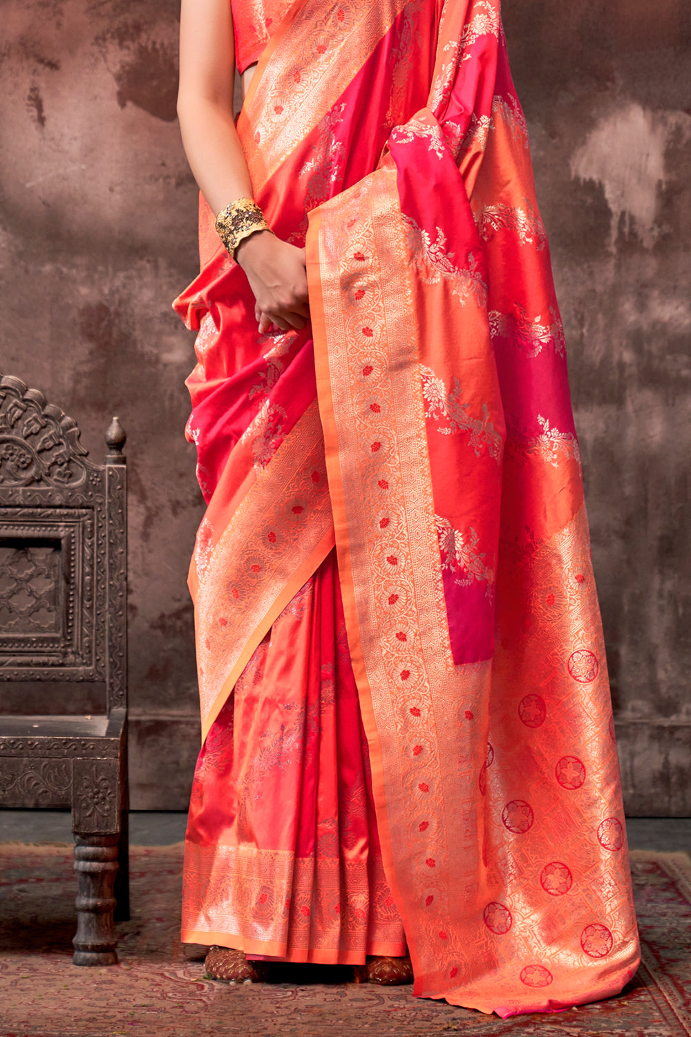 Multicolor Rangkaat Woven Saree With Orange Blouse
