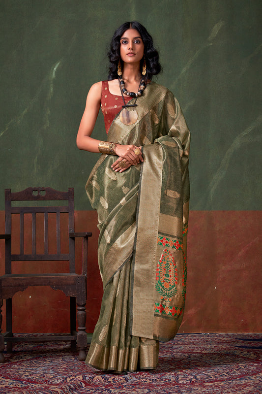 Moss Green Paithani Zari Tissue Saree With Blouse