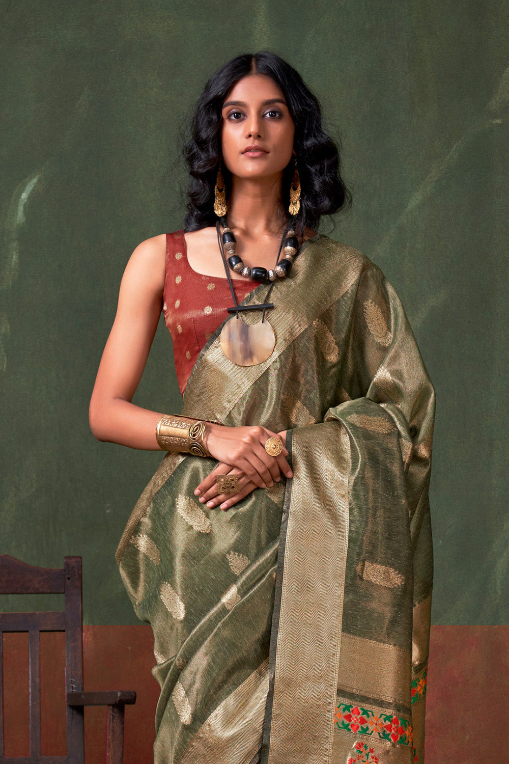 Moss Green Paithani Zari Tissue Saree With Blouse