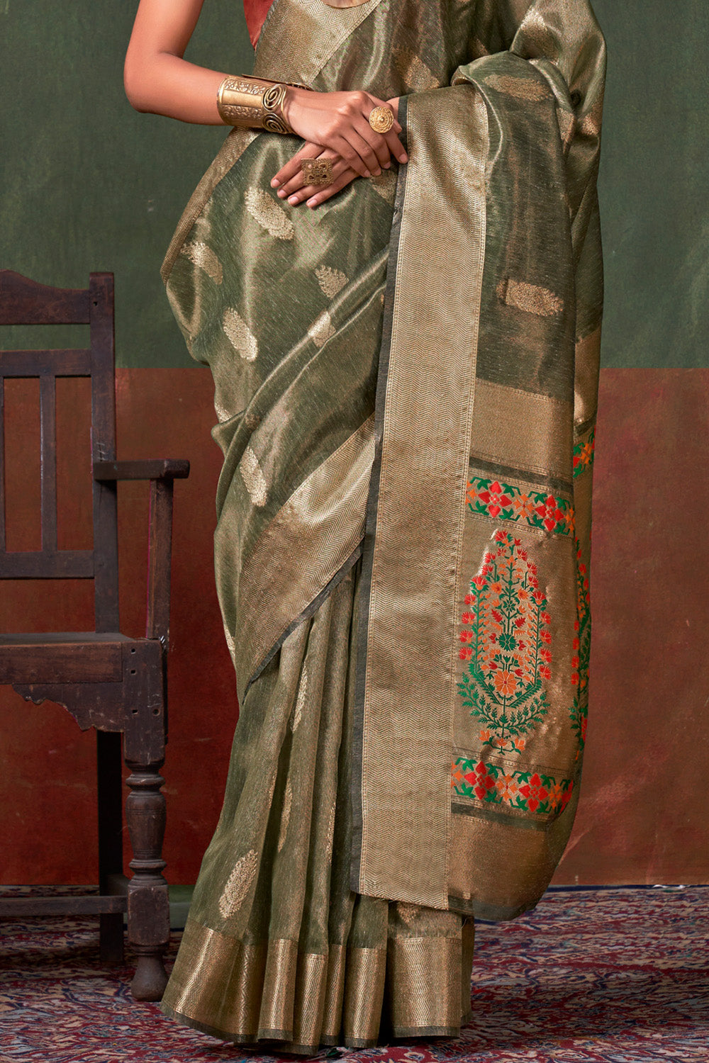 Moss Green Paithani Zari Tissue Saree With Blouse