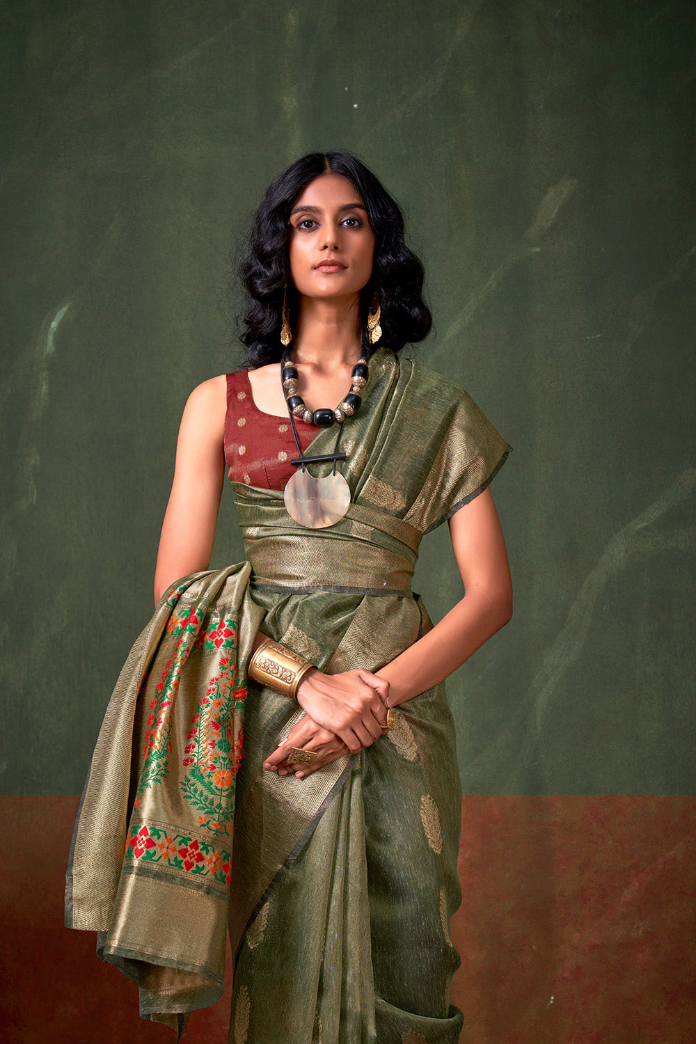 Moss Green Paithani Zari Tissue Saree With Blouse