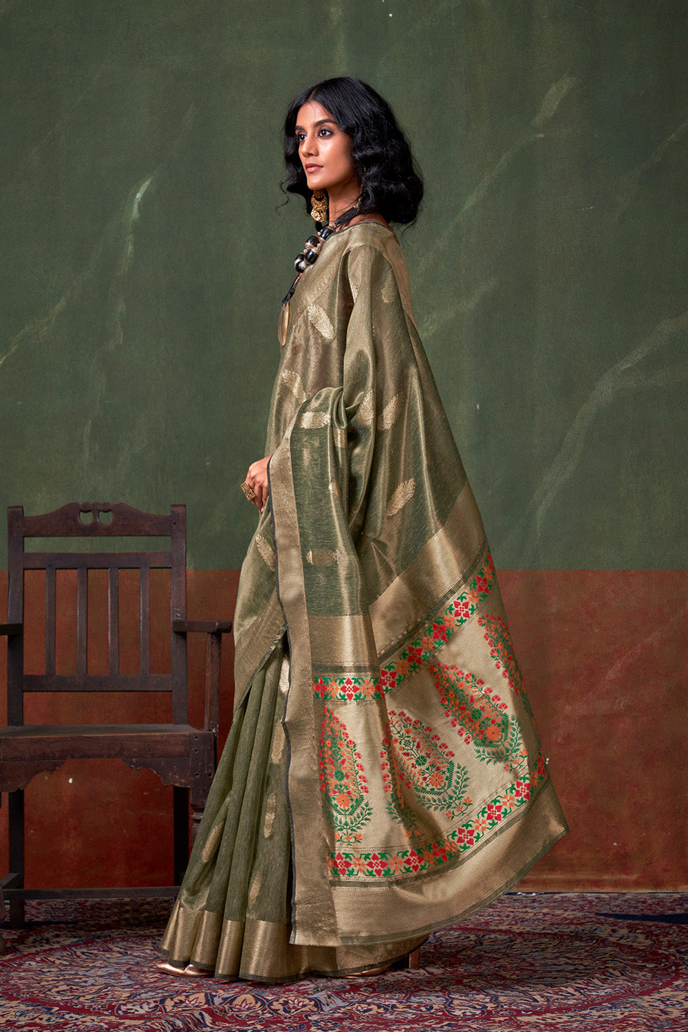 Moss Green Paithani Zari Tissue Saree With Blouse