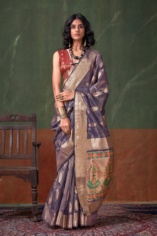 Lilac Paithani Zari Tissue Saree With Blouse
