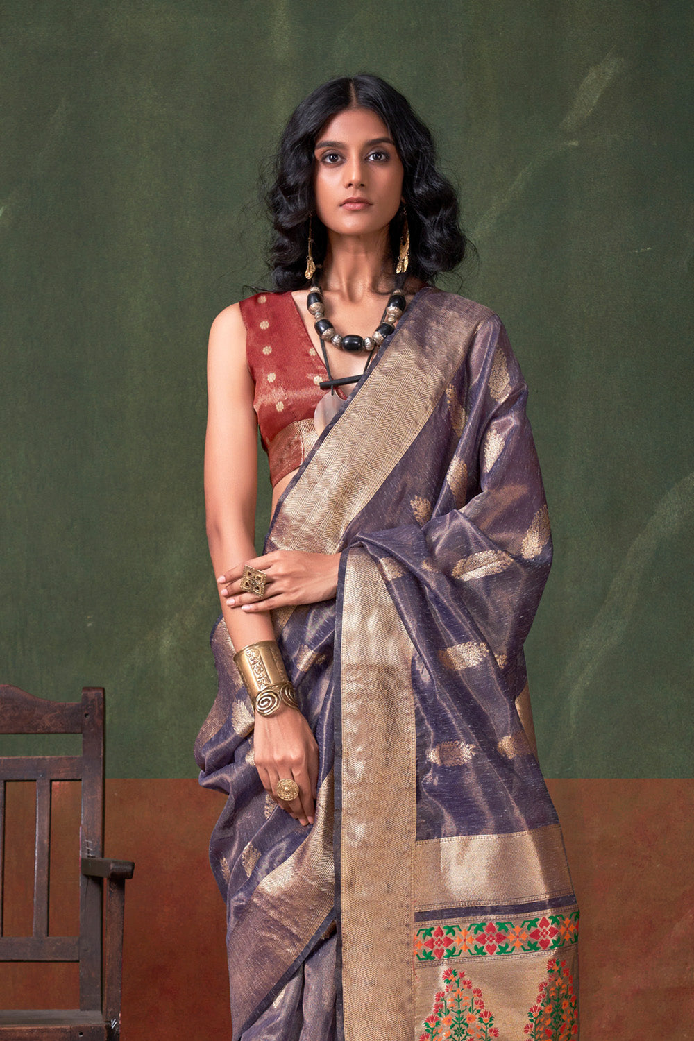 Lilac Paithani Zari Tissue Saree With Blouse
