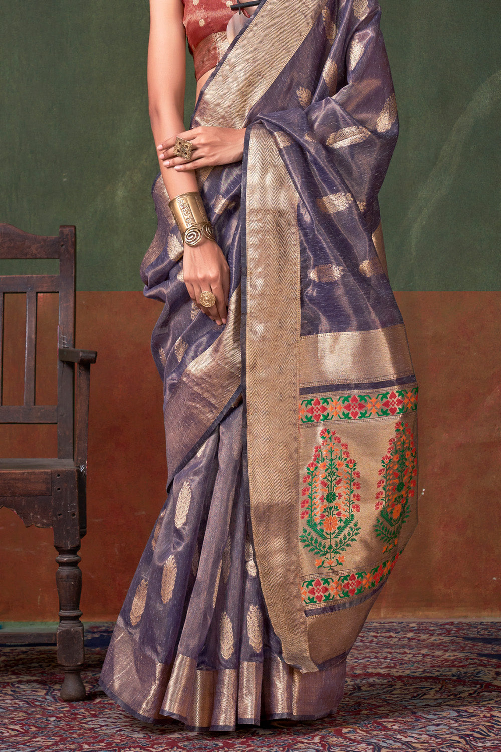 Lilac Paithani Zari Tissue Saree With Blouse
