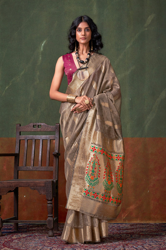 Grey Paithani Zari Tissue Saree With Blouse